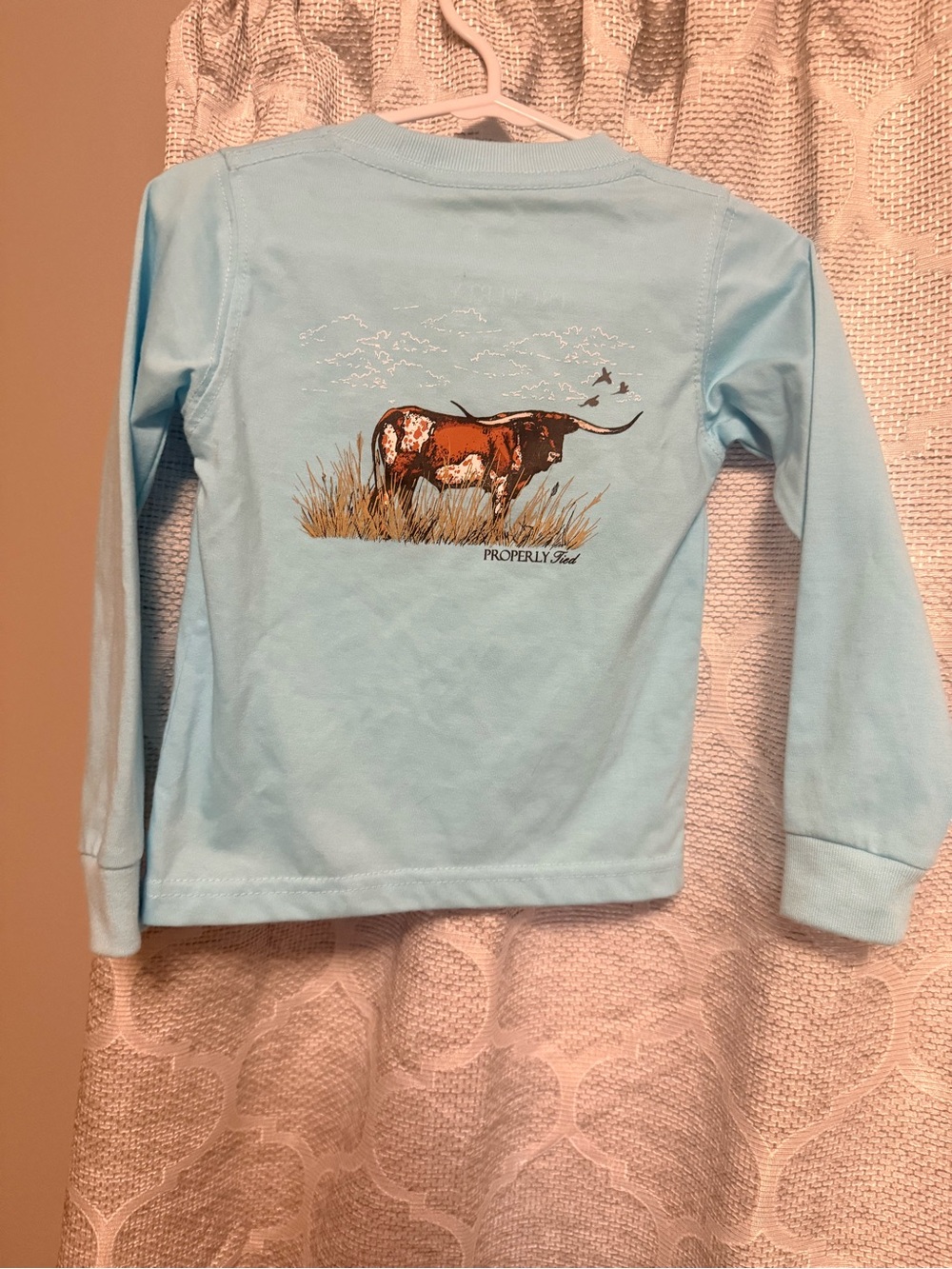Properly Tied Light Blue Long-Sleeve Kids Tee with Longhorn Graphic